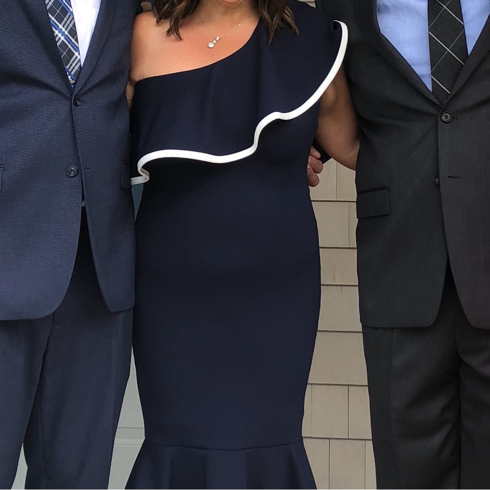 Blue and White Asymmetrical Midi Dress with Ruffled Trumpet Style